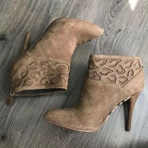 Rebecca Taylor Suede Booties Size 6.5 Sybil Lasercut Animal Print Pointed Toe